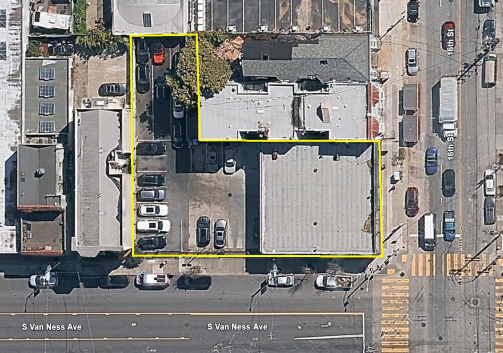 475 S Van Ness Avenue aerial view of showroom and parking lot